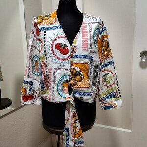Joie Women L White Top Fruits Print Linen Rayon Tie Front 3/4 Sleeve Summer